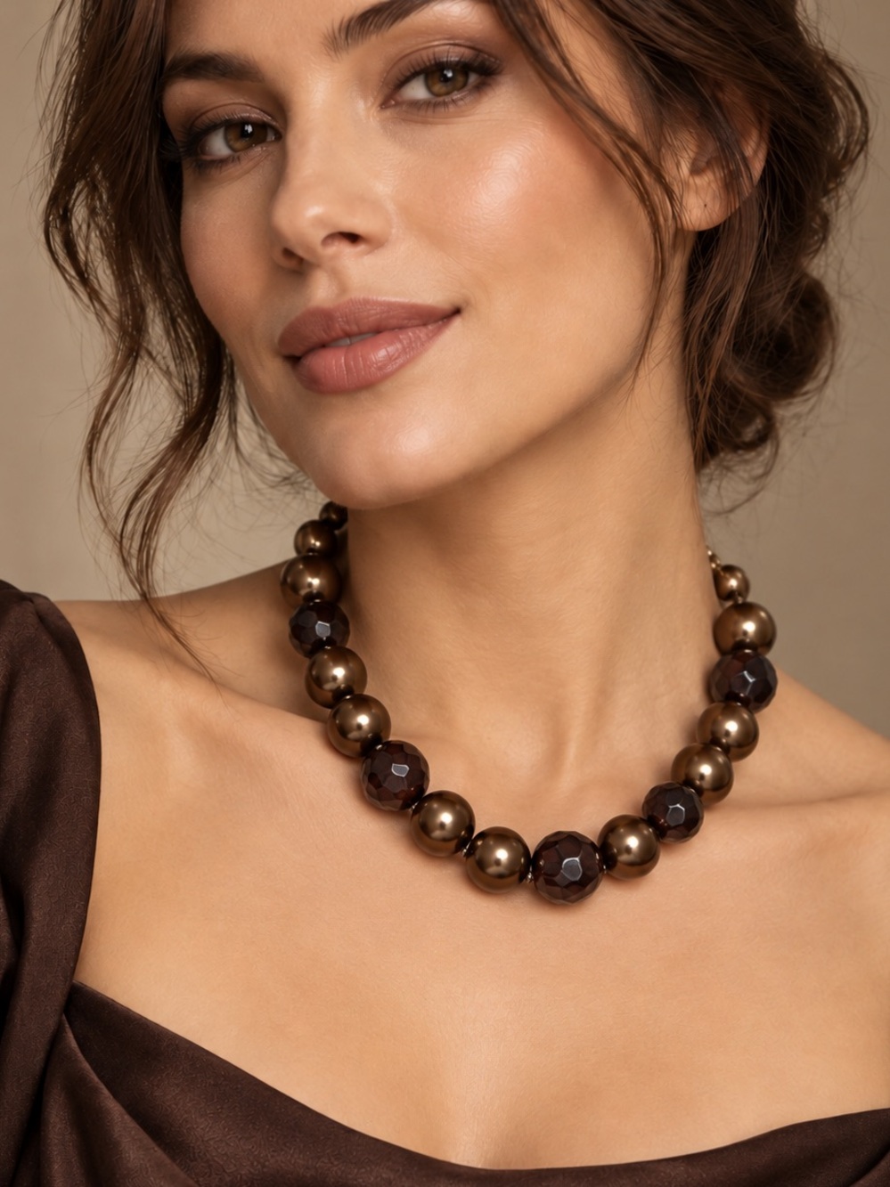 Bronze Pearl & Faceted Bead Single Strand Statement Necklace